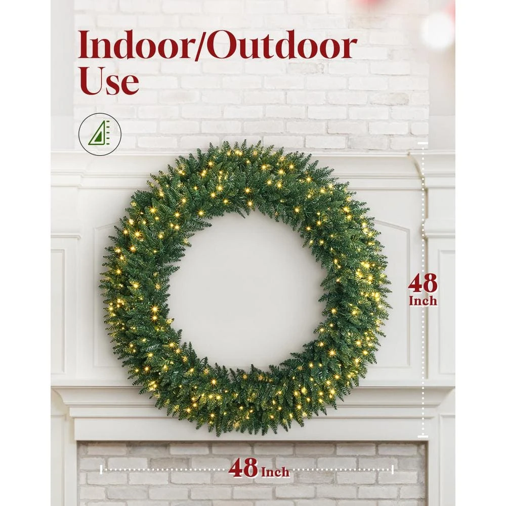 48 In. Large Pre-Lit Fir Artificial Christmas Wreath With 200 LED Lights, 540 PVC Branch Tips, Holiday Decorate 4 48 In. Large Pre-Lit Fir Artificial Christmas Wreath With 200 LED Lights, 540 PVC Branch Tips, Holiday Decorate - Image 2