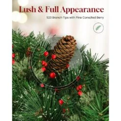 60 In. Large Pre-Lit Fir Artificial Christmas Wreath With Pine Cones, Berries, 523 PVC Branch Tips, 300 LED Light-Green -Christmas Decor Shop afaif christmas wreaths oc 57lscw 02 60 1f 1000