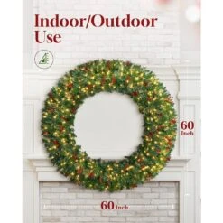 60 In. Large Pre-Lit Fir Artificial Christmas Wreath With Pine Cones, Berries, 523 PVC Branch Tips, 300 LED Light-Green -Christmas Decor Shop afaif christmas wreaths oc 57lscw 02 60 c3 1000