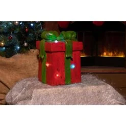 14 In. Red Giftbox Statue With Color Changing Led Lights And Timer -Christmas Decor Shop alpine corporation christmas yard decorations mcc468rd cc tm 44 1000