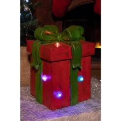 14 In. Red Giftbox Statue With Color Changing Led Lights And Timer