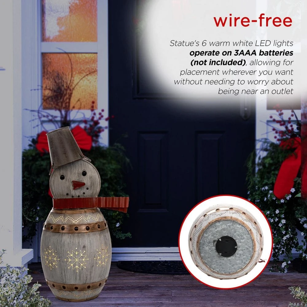 30 In. Tall Weathered Barrel Snowman With Warm White LED Lights 7 30 In. Tall Weathered Barrel Snowman With Warm White LED Lights - Image 5