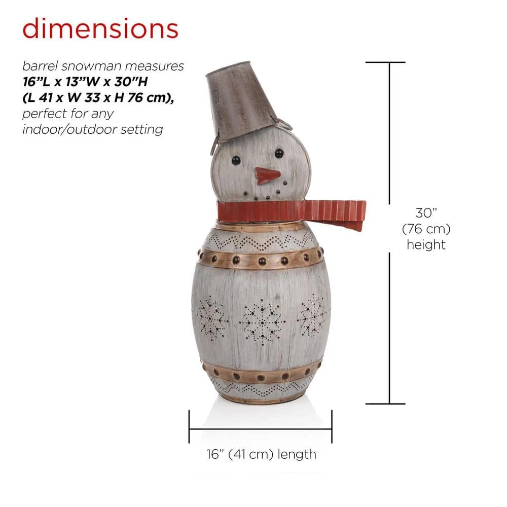 30 In. Tall Weathered Barrel Snowman With Warm White LED Lights 5 30 In. Tall Weathered Barrel Snowman With Warm White LED Lights - Image 3