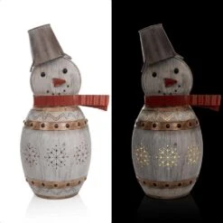 30 In. Tall Weathered Barrel Snowman With Warm White LED Lights