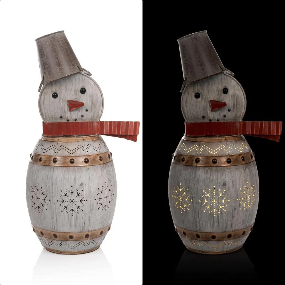 30 In. Tall Weathered Barrel Snowman With Warm White LED Lights 3 30 In. Tall Weathered Barrel Snowman With Warm White LED Lights