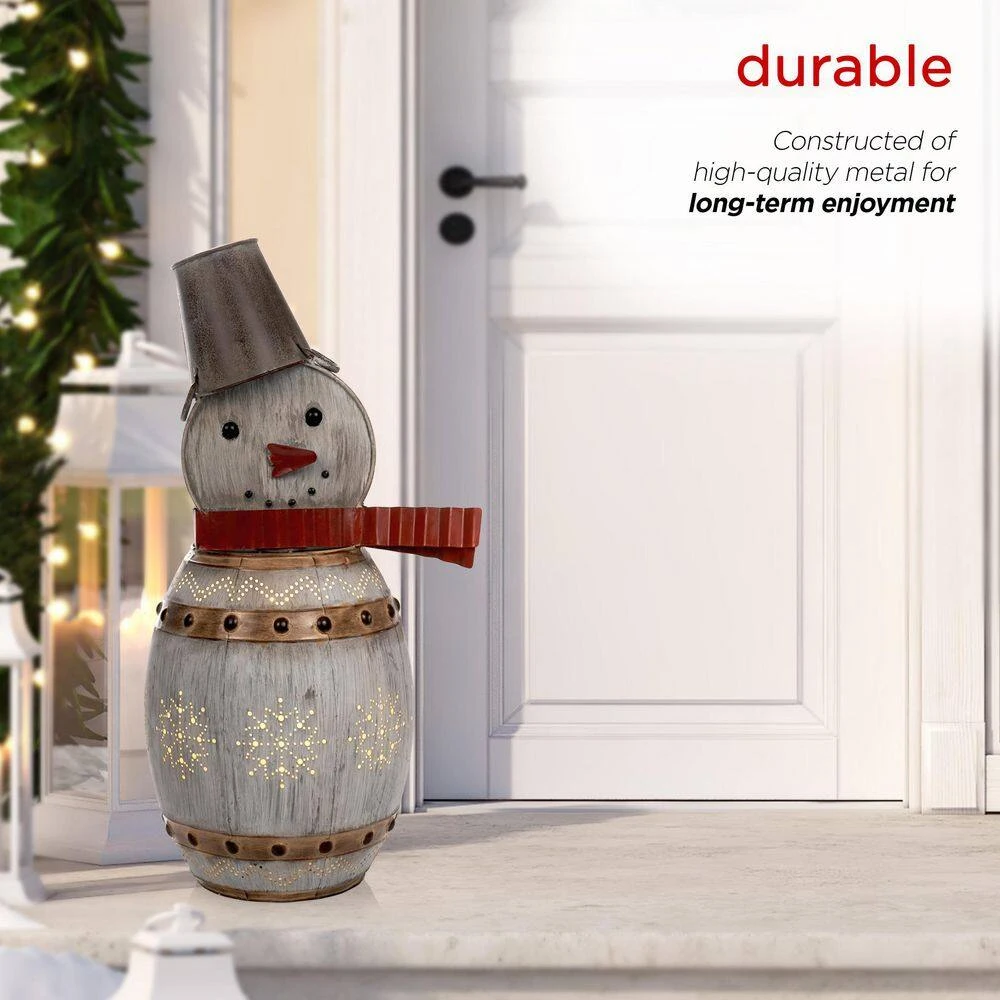 30 In. Tall Weathered Barrel Snowman With Warm White LED Lights 9 30 In. Tall Weathered Barrel Snowman With Warm White LED Lights - Image 7