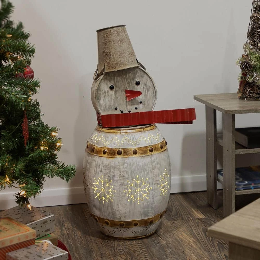 30 In. Tall Weathered Barrel Snowman With Warm White LED Lights 4 30 In. Tall Weathered Barrel Snowman With Warm White LED Lights - Image 2