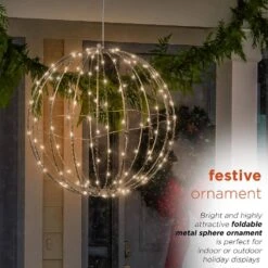 16 In. Dia Foldable Metal Sphere Ornament With Warm White LED Lights -Christmas Decor Shop alpine corporation single christmas ornaments bst170ww a0 1000