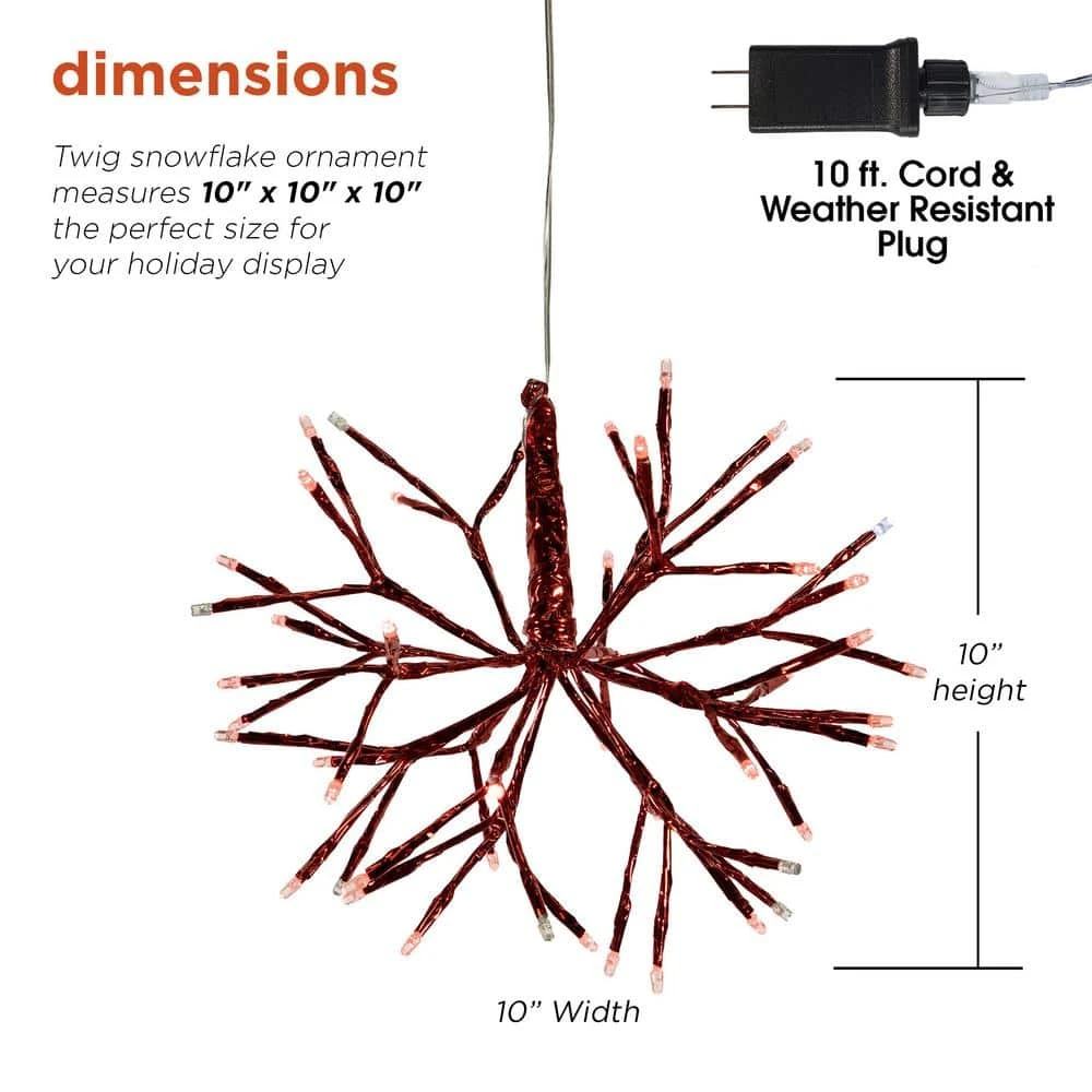 10 In. Tall Christmas Twig Snowflake Ornament With LED Lights, Red 5 10 In. Tall Christmas Twig Snowflake Ornament With LED Lights, Red - Image 3