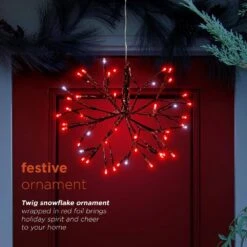 10 In. Tall Christmas Twig Snowflake Ornament With LED Lights, Red 21 10 In. Tall Christmas Twig Snowflake Ornament With LED Lights, Red -Christmas Decor Shop alpine corporation single christmas ornaments crd100s rd 77 1000