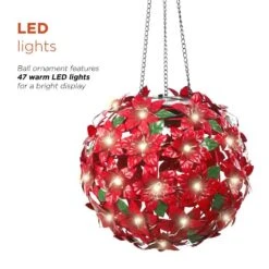 8 In. Dia Solar Christmas Hanging Poinsettia Ornament With LED Light, Red -Christmas Decor Shop alpine corporation single christmas ornaments qlp924slr rd 1d 1000
