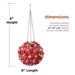 8 In. Dia Solar Christmas Hanging Poinsettia Ornament With LED Light, Red -Christmas Decor Shop alpine corporation single christmas ornaments qlp924slr rd 40 1000