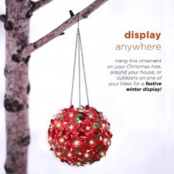 8 In. Dia Solar Christmas Hanging Poinsettia Ornament With LED Light, Red -Christmas Decor Shop alpine corporation single christmas ornaments qlp924slr rd 66 1000