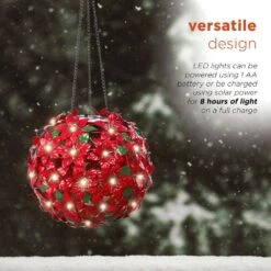 8 In. Dia Solar Christmas Hanging Poinsettia Ornament With LED Light, Red -Christmas Decor Shop alpine corporation single christmas ornaments qlp924slr rd 77 1000