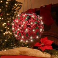 8 In. Dia Solar Christmas Hanging Poinsettia Ornament With LED Light, Red -Christmas Decor Shop alpine corporation single christmas ornaments qlp924slr rd e1 1000