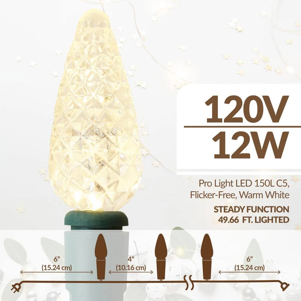 49.66 Ft. 150-Light LED Warm White Christmas String Light, Indoor/Outdoor C5 Lights With Continuous-On Technology 5 49.66 Ft. 150-Light LED Warm White Christmas String Light, Indoor/Outdoor C5 Lights With Continuous-On Technology - Image 3