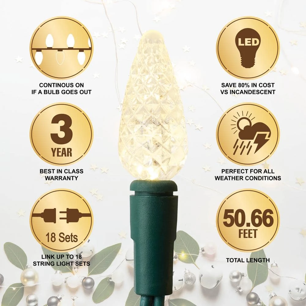 49.66 Ft. 150-Light LED Warm White Christmas String Light, Indoor/Outdoor C5 Lights With Continuous-On Technology 4 49.66 Ft. 150-Light LED Warm White Christmas String Light, Indoor/Outdoor C5 Lights With Continuous-On Technology - Image 2