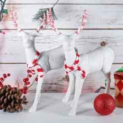 Red And White Peppermint Christmas Reindeer - Holiday White Deer Figurine Statues With Antlers Centerpiece (Pack Of 2) -Christmas Decor Shop christmas centerpieces or 226 1f 1000