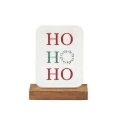 7.8 7 5 In. HO HO HO Christmas Tabletop Metal Sign With Solid Wood Stand