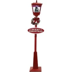 71 In. Red Musical Snowy Street Lamp With Christmas Tree Scene, 2 Signs, Cascading Snow And Holiday Songs