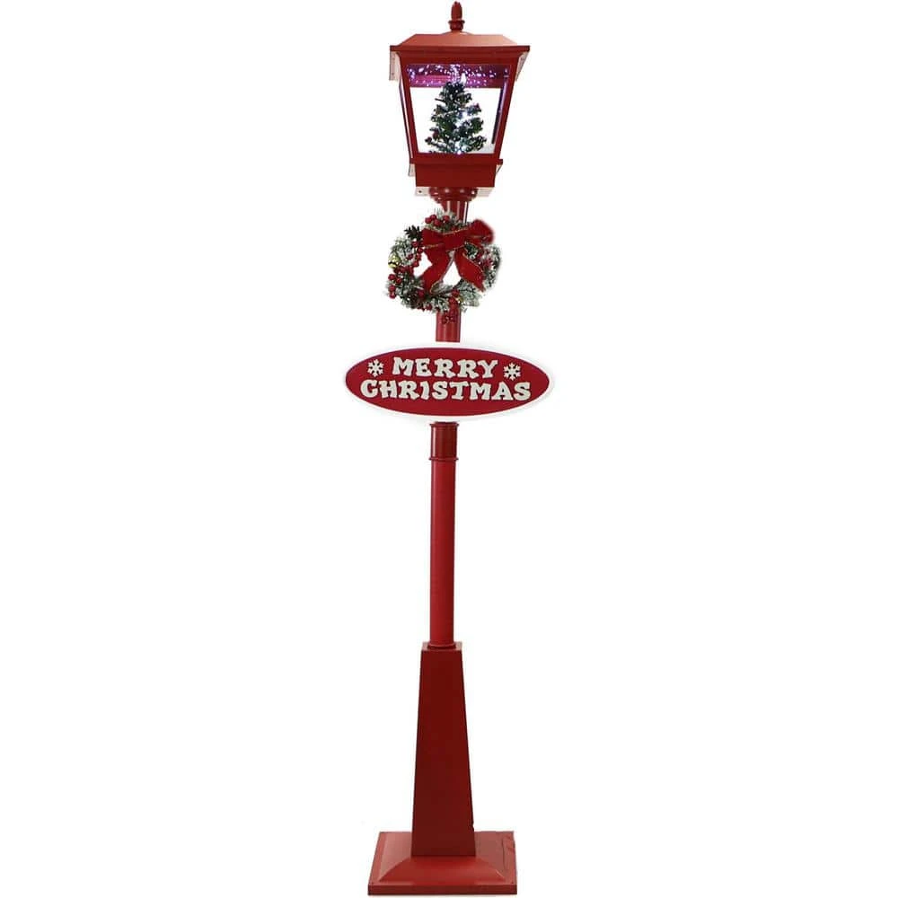 71 In. Red Musical Snowy Street Lamp With Christmas Tree Scene, 2 Signs, Cascading Snow And Holiday Songs 3 71 In. Red Musical Snowy Street Lamp With Christmas Tree Scene, 2 Signs, Cascading Snow And Holiday Songs