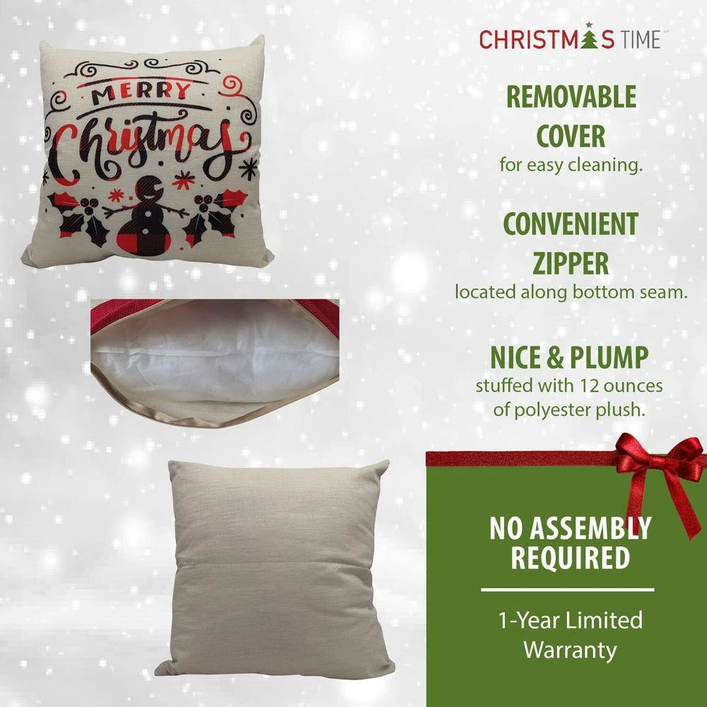 15.5 In. Buffalo Plaid Snowman Merry Christmas Throw Pillow 4 15.5 In. Buffalo Plaid Snowman Merry Christmas Throw Pillow - Image 2