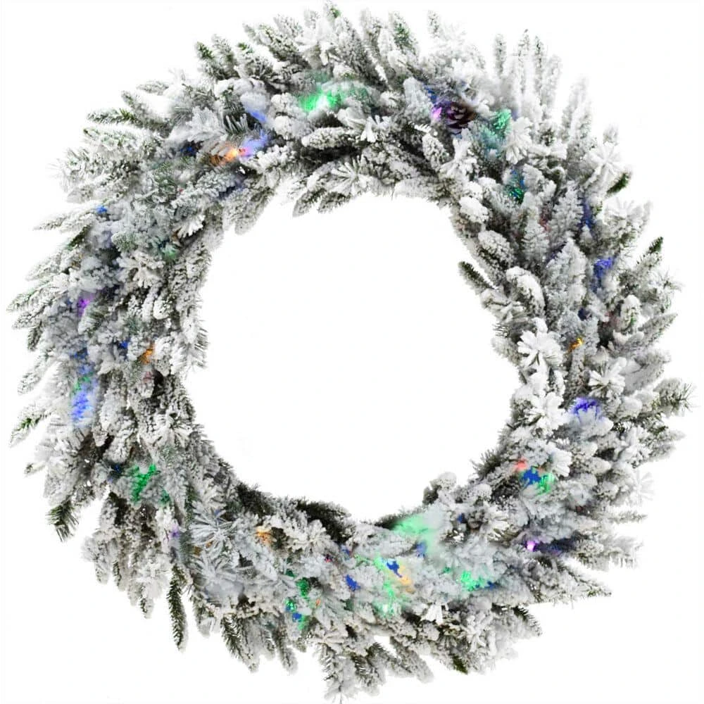 36 In. Artificial Pre-Lit Flocked Wreath Arrangement With Pinecones 3 36 In. Artificial Pre-Lit Flocked Wreath Arrangement With Pinecones