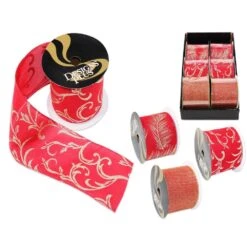 4 In. X 30 Ft. Gold On Red Jumbo Wire Edge Xmas Ribbon (6-Pack)