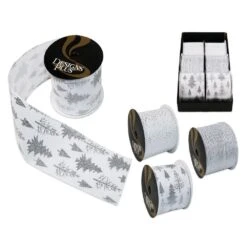 4 In. X 30 Ft. White/Silver Jumbo Wire Edge Xmas Ribbon (6-Pack)