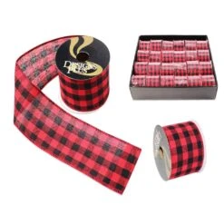 2.5 In. X 9 Ft. Red Buffalo Plaid Wire Edge Xmas Ribbon (24-Pack)
