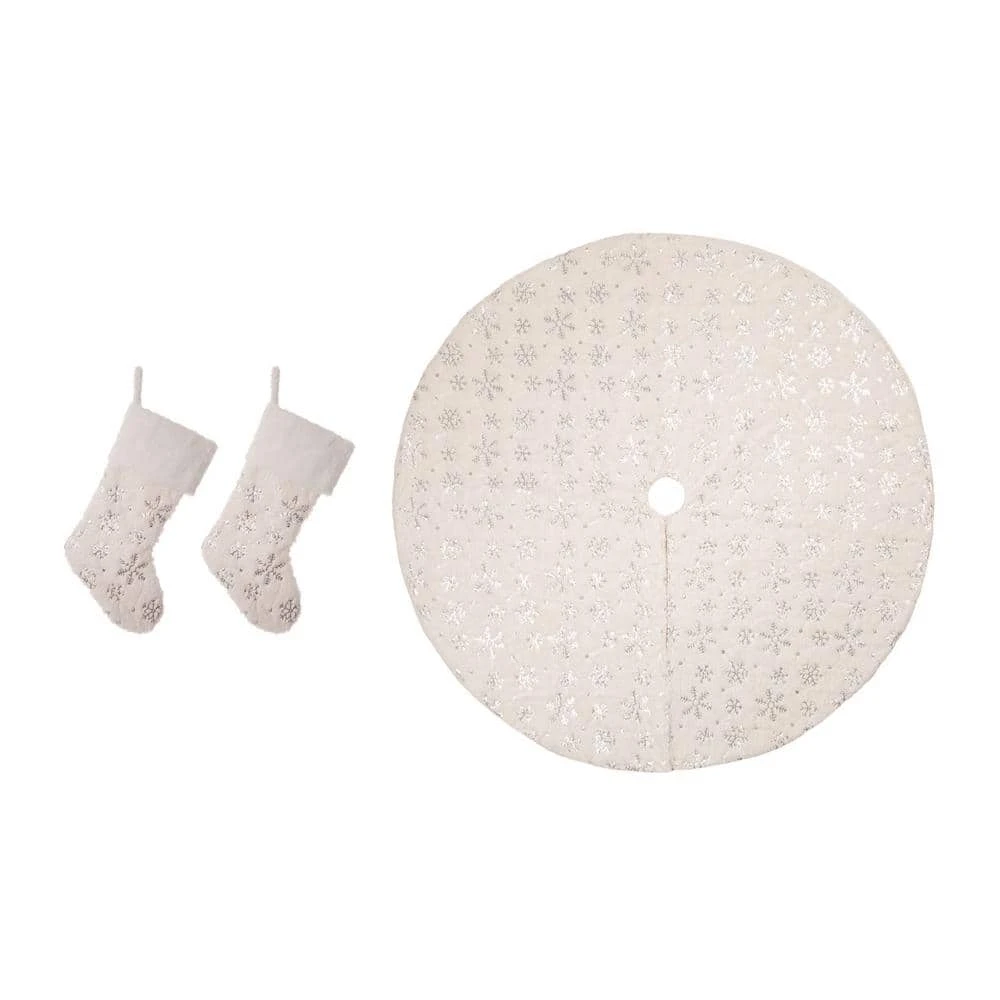 48 In. Tree Skirt/2 Stocking White Plush With Snowflake Christmas Decoration (Set Of 3) 3 48 In. Tree Skirt/2 Stocking White Plush With Snowflake Christmas Decoration (Set Of 3)