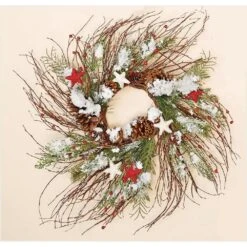 24 In. Artificial Snowy Twig Wreath With Stars