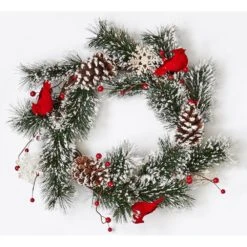 22 In. Artificial Snowy Pine Wreath With Cardinals And Snowflakes On Natural Twig Base
