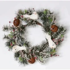 22 In. Artificial Iced Pine Needle Wreath With Dove Bell And Berries