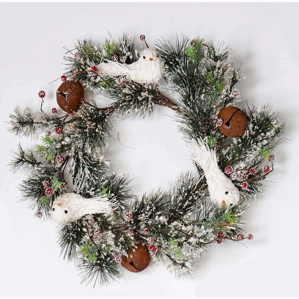 22 In. Artificial Iced Pine Needle Wreath With Dove Bell And Berries 2 22 In. Artificial Iced Pine Needle Wreath With Dove Bell And Berries