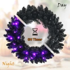 24 In. Black PreLit Artificial Christmas Wreath Halloween Wreath With 35 Purple LED Lights -Christmas Decor Shop christmas wreaths 8ck23 cm189gn 1f 1000