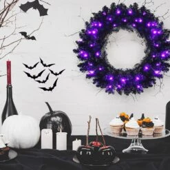 24 In. Black PreLit Artificial Christmas Wreath Halloween Wreath With 35 Purple LED Lights -Christmas Decor Shop christmas wreaths 8ck23 cm189gn 31 1000