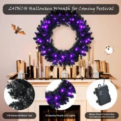 24 In. Black PreLit Artificial Christmas Wreath Halloween Wreath With 35 Purple LED Lights -Christmas Decor Shop christmas wreaths 8ck23 cm189gn 44 1000