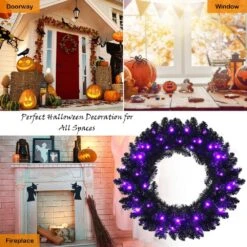 24 In. Black PreLit Artificial Christmas Wreath Halloween Wreath With 35 Purple LED Lights -Christmas Decor Shop christmas wreaths 8ck23 cm189gn 4f 1000
