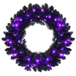 24 In. Black PreLit Artificial Christmas Wreath Halloween Wreath With 35 Purple LED Lights