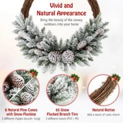 24 In. White Snow Flocked Pre-Lit LED Artificial Christmas Wreath With Pine Cones -Christmas Decor Shop christmas wreaths m22 8cm791 1f 1000