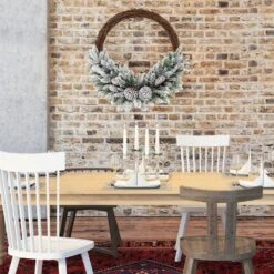 24 In. White Snow Flocked Pre-Lit LED Artificial Christmas Wreath With Pine Cones -Christmas Decor Shop christmas wreaths m22 8cm791 fa 1000