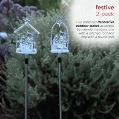 Alpine 35 In. Acrylic Manger Stakes Christmas Yard Decor With Solar Color Changing LED Lights, (2-Pack) -Christmas Decor Shop christmas yard decorations lan348a slr 2 4f 1000