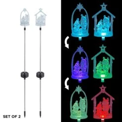 Alpine 35 In. Acrylic Manger Stakes Christmas Yard Decor With Solar Color Changing LED Lights, (2-Pack) -Christmas Decor Shop christmas yard decorations lan348a slr 2 66 1000