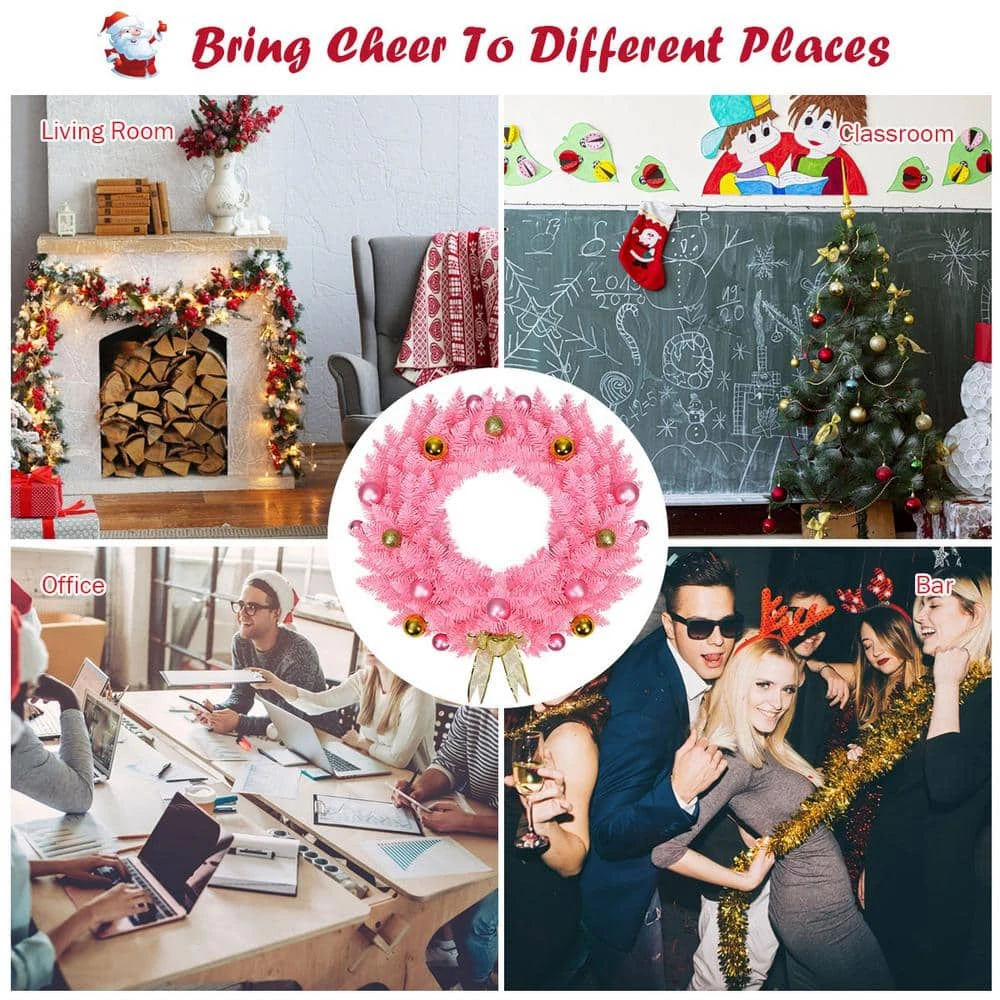 24 In. Pink Artificial Christmas Wreath 140 Tips With Ornament Balls And Golden Bow Wreath 140 Tips 7 24 In. Pink Artificial Christmas Wreath 140 Tips With Ornament Balls And Golden Bow Wreath 140 Tips - Image 5
