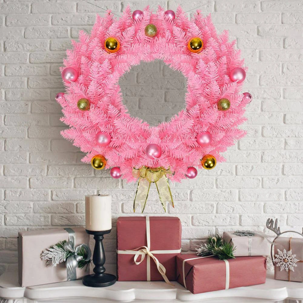 24 In. Pink Artificial Christmas Wreath 140 Tips With Ornament Balls And Golden Bow Wreath 140 Tips 10 24 In. Pink Artificial Christmas Wreath 140 Tips With Ornament Balls And Golden Bow Wreath 140 Tips - Image 8