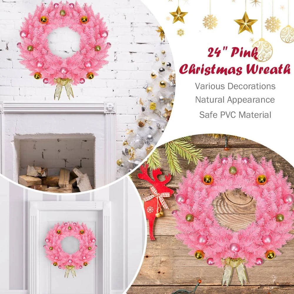 24 In. Pink Artificial Christmas Wreath 140 Tips With Ornament Balls And Golden Bow Wreath 140 Tips 8 24 In. Pink Artificial Christmas Wreath 140 Tips With Ornament Balls And Golden Bow Wreath 140 Tips - Image 6