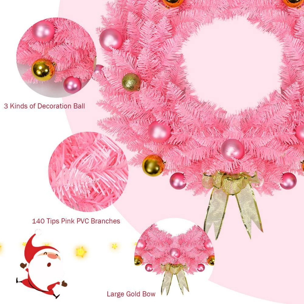 24 In. Pink Artificial Christmas Wreath 140 Tips With Ornament Balls And Golden Bow Wreath 140 Tips 6 24 In. Pink Artificial Christmas Wreath 140 Tips With Ornament Balls And Golden Bow Wreath 140 Tips - Image 4