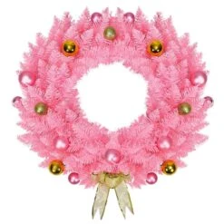 24 In. Pink Artificial Christmas Wreath 140 Tips With Ornament Balls And Golden Bow Wreath 140 Tips