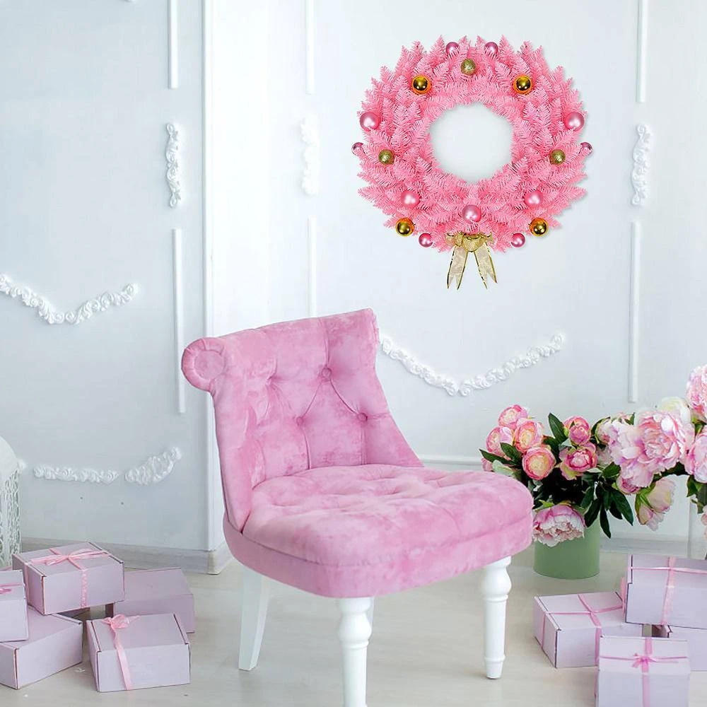 24 In. Pink Artificial Christmas Wreath 140 Tips With Ornament Balls And Golden Bow Wreath 140 Tips 4 24 In. Pink Artificial Christmas Wreath 140 Tips With Ornament Balls And Golden Bow Wreath 140 Tips - Image 2